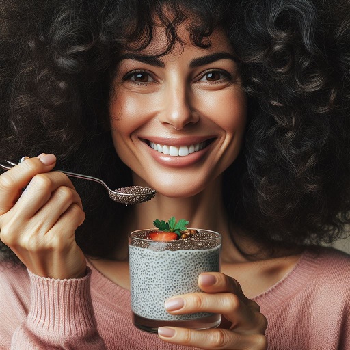 Mujer disfrutando de un pudín de chía, alimentación consciente, comida saludable”