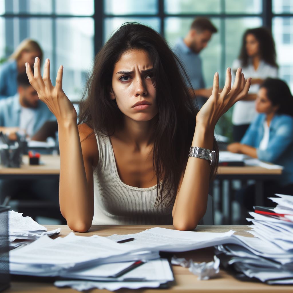 Imagen de una mujer latina con expresión de cansancio y frustración en su lugar de trabajo, rodeada de papeles desorganizados en su escritorio.