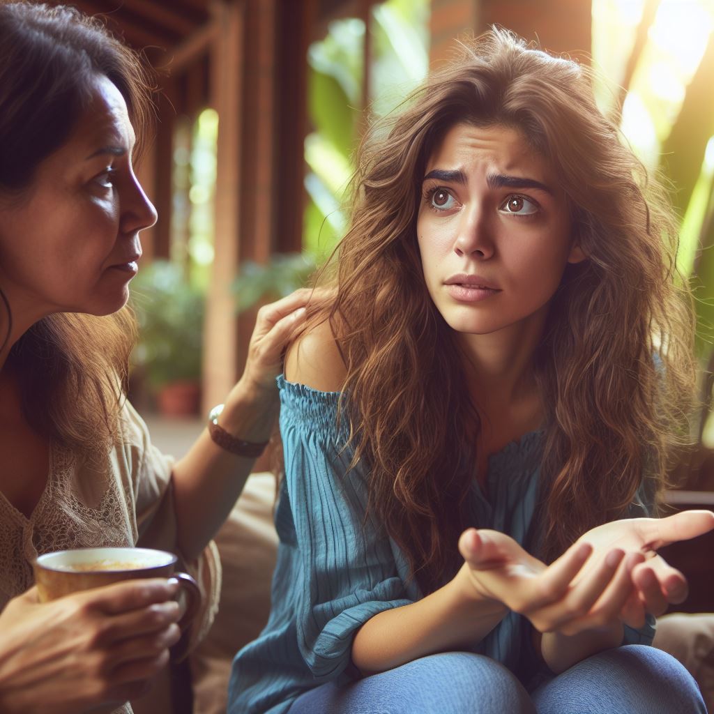 Dos mujeres conversando en un corredor soleado sobre salud mental y bienestar integral