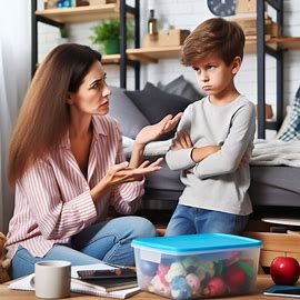 Tips de Crianza “Madre regañando a su hijo con amor y firmeza por tener el cuarto desordenado.”