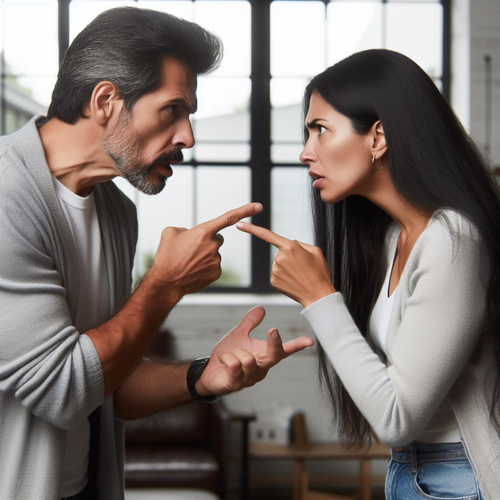 Un hombre latino de 45 años y una mujer morena de 40 años discutiendo airadamente, señalándose mutuamente en un momento de crisis de su relación de pareja