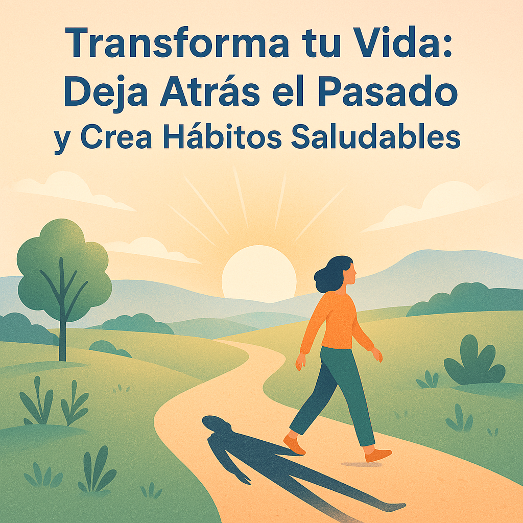 ersona caminando hacia el amanecer en un entorno natural, simbolizando la superación del pasado y la adopción de hábitos saludables para mejorar la salud mental.