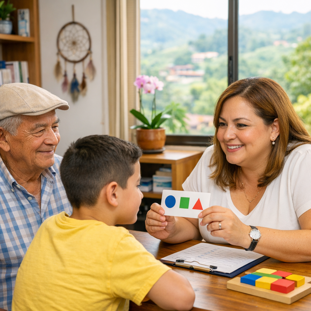 Neuropsicología en Marinilla realizando evaluación de memoria y concentración a un niño y una adulta mayor